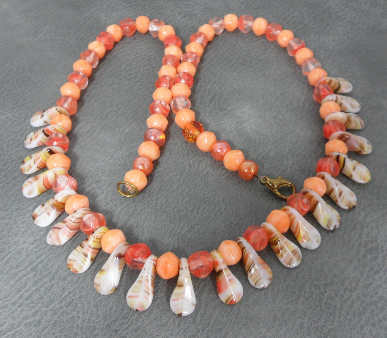 Art Glass Bead Necklace Fringe Drops Vintage Coral Orange Stripes Granny Core