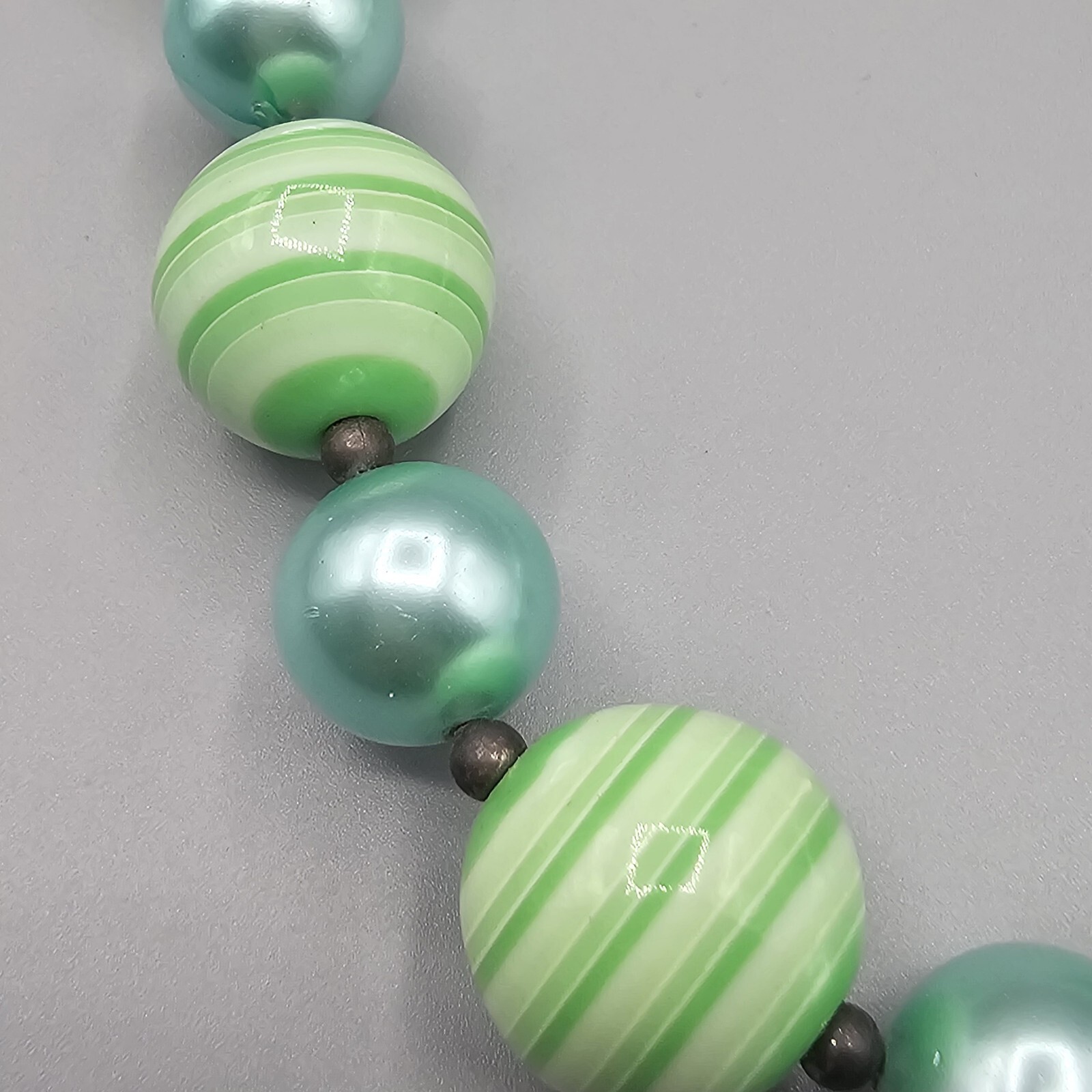 Vintage Gumball Bead Necklace Green Stripe Blue Metallic SIngle Strand 22″