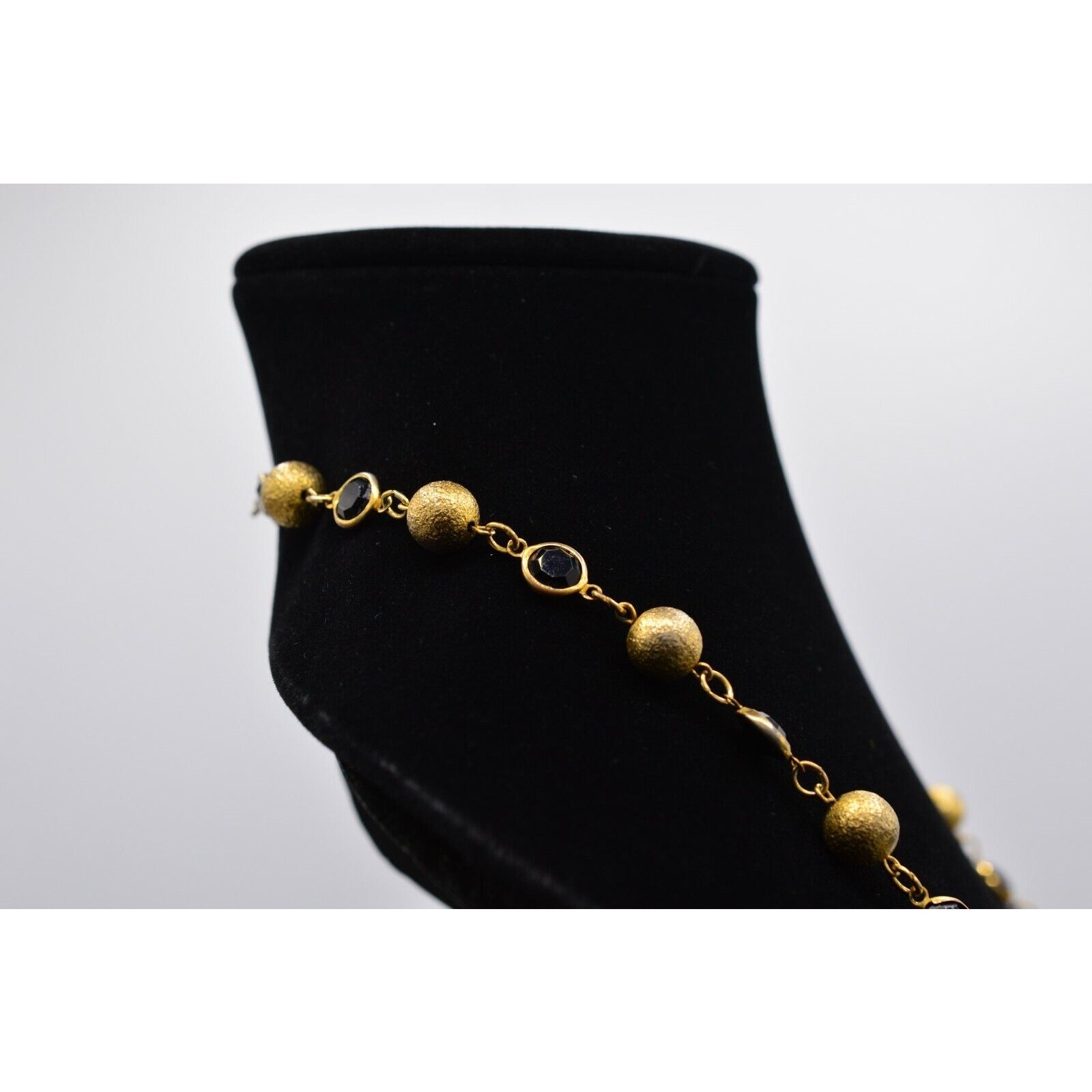 Austrian Crystal USA Vintage Necklace Black Open Bezel Gold Ball Signed 80s Bin8