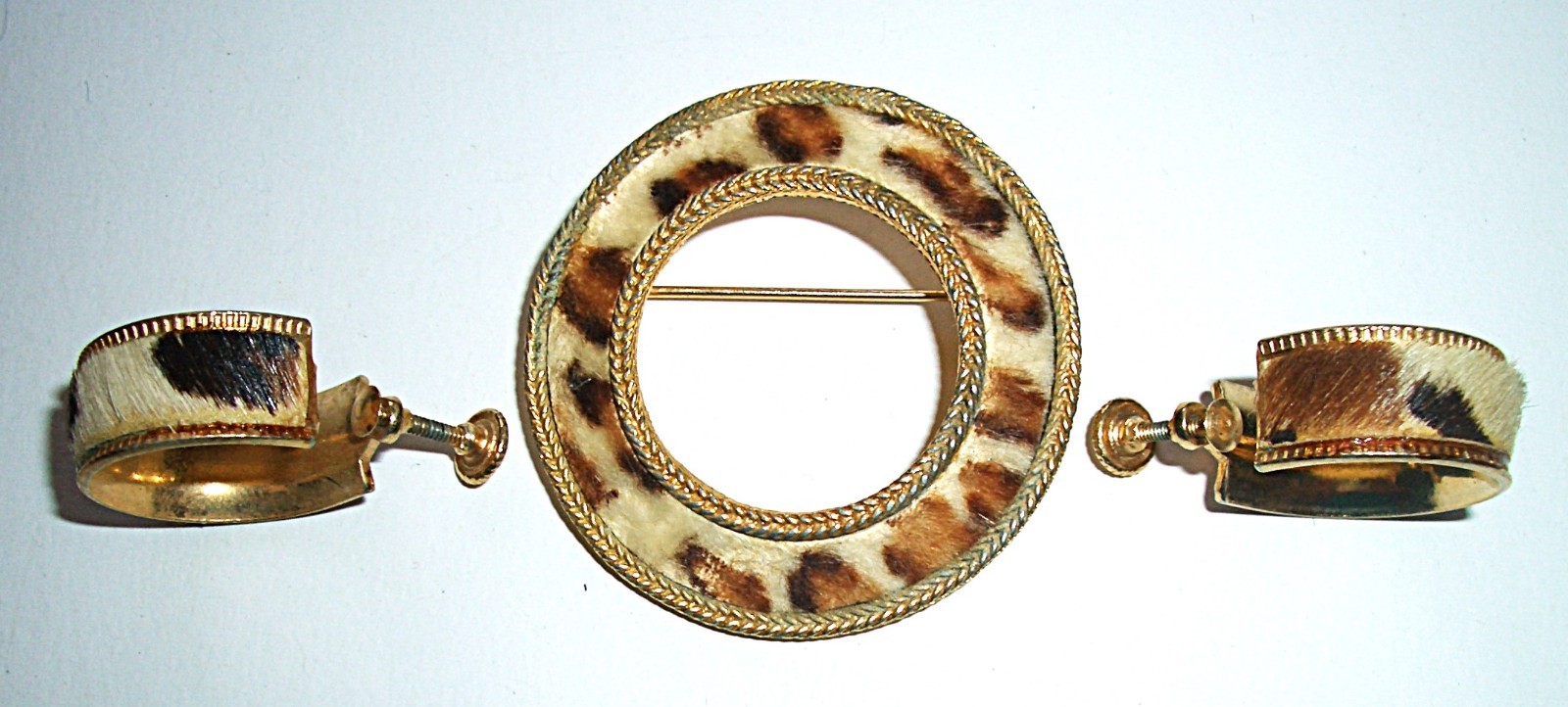 Vtg 1940s/50s BSK Faux Fur Cheetah Print Brooch Pin & Screw Back Earrings