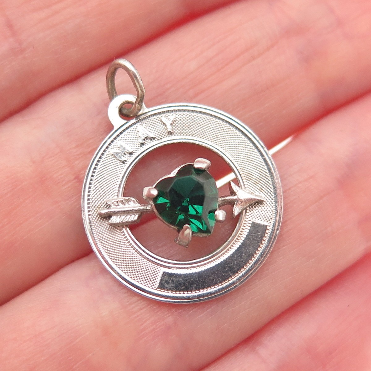 925 Sterling Silver Vintage Rhinestone May Birthstone Heart & Arrow Pendant