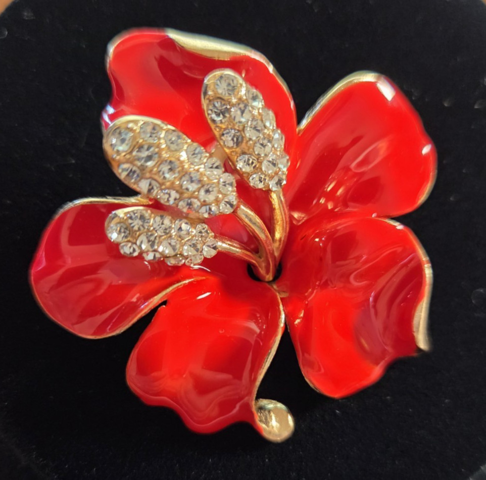 Red Hibiscus Flower Brooch Rhinestone Gold Tone Tropical Cuba Pink Gift Pouch