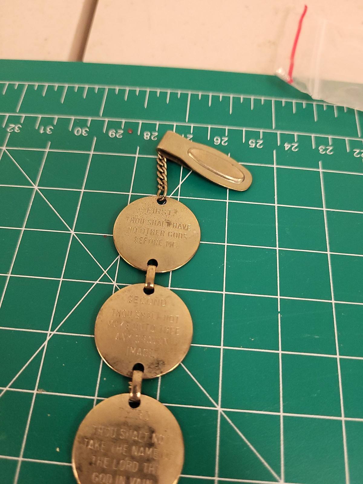 Vintage Ten Commandments Gold Tone Religious Medallion Coin Link Bracelet Clip