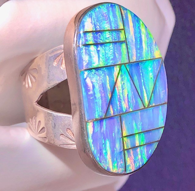 FaBuLoUs Ice blue lavender fire Opal Ring 8 Sterling Large Vintage Native Art