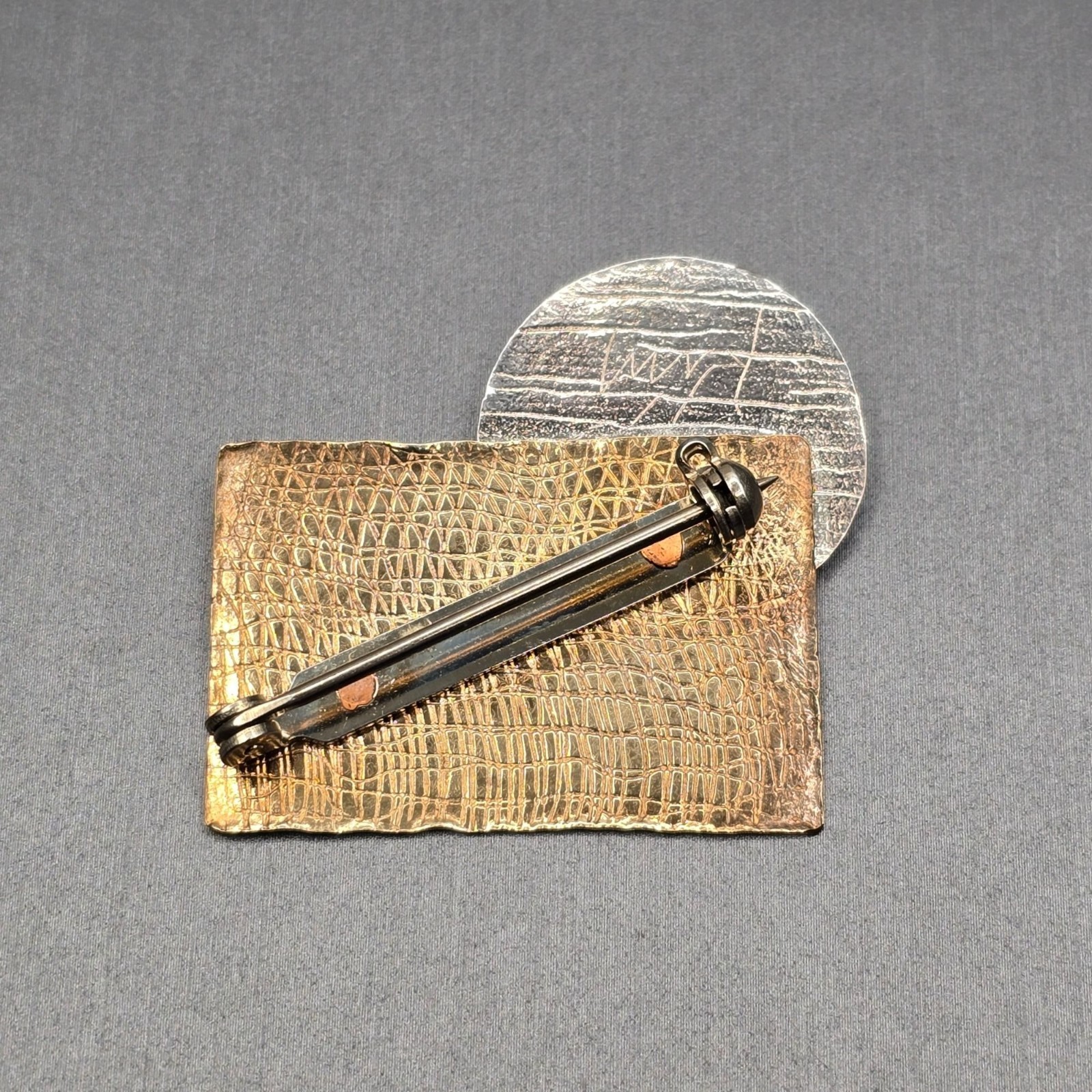 Vintage Kim Modernist Mixed Metals Brooch Copper Brass Silver Black Onyx Pin