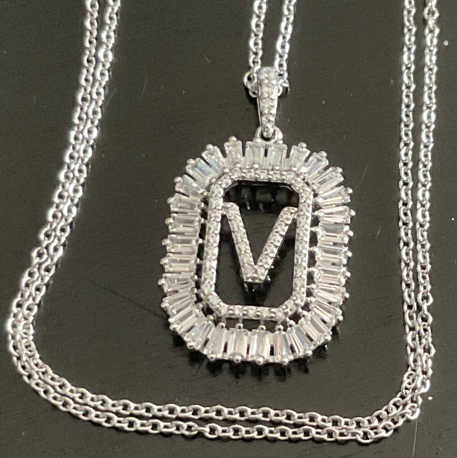 HSN JCL 925 Sterling Silver CZ “V” Initial Necklace with Orig Box Card Pouch