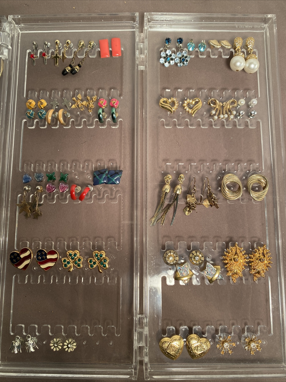 Vintage Lot 60 Pairs Earrings, 15 Necklaces & Acrylic Displays Monet, Avon