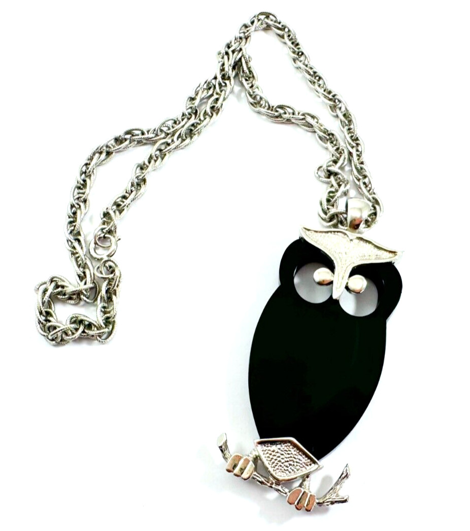 Silver Tone Necklace With Silver & Black Acrylic Owl Pendant Vintage