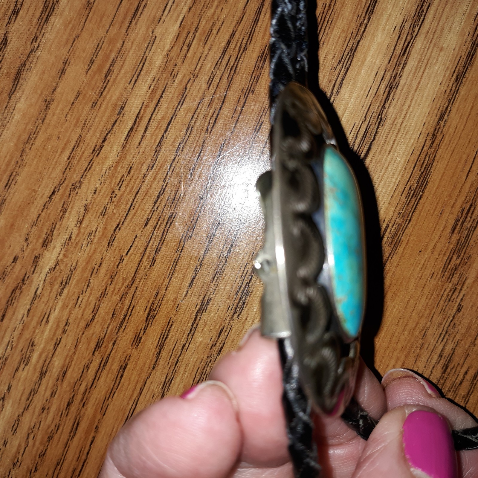 Vtg Bennett Pat Pend Bolo Tie Slide Turquoise Silver Black Leather Cord L 18″