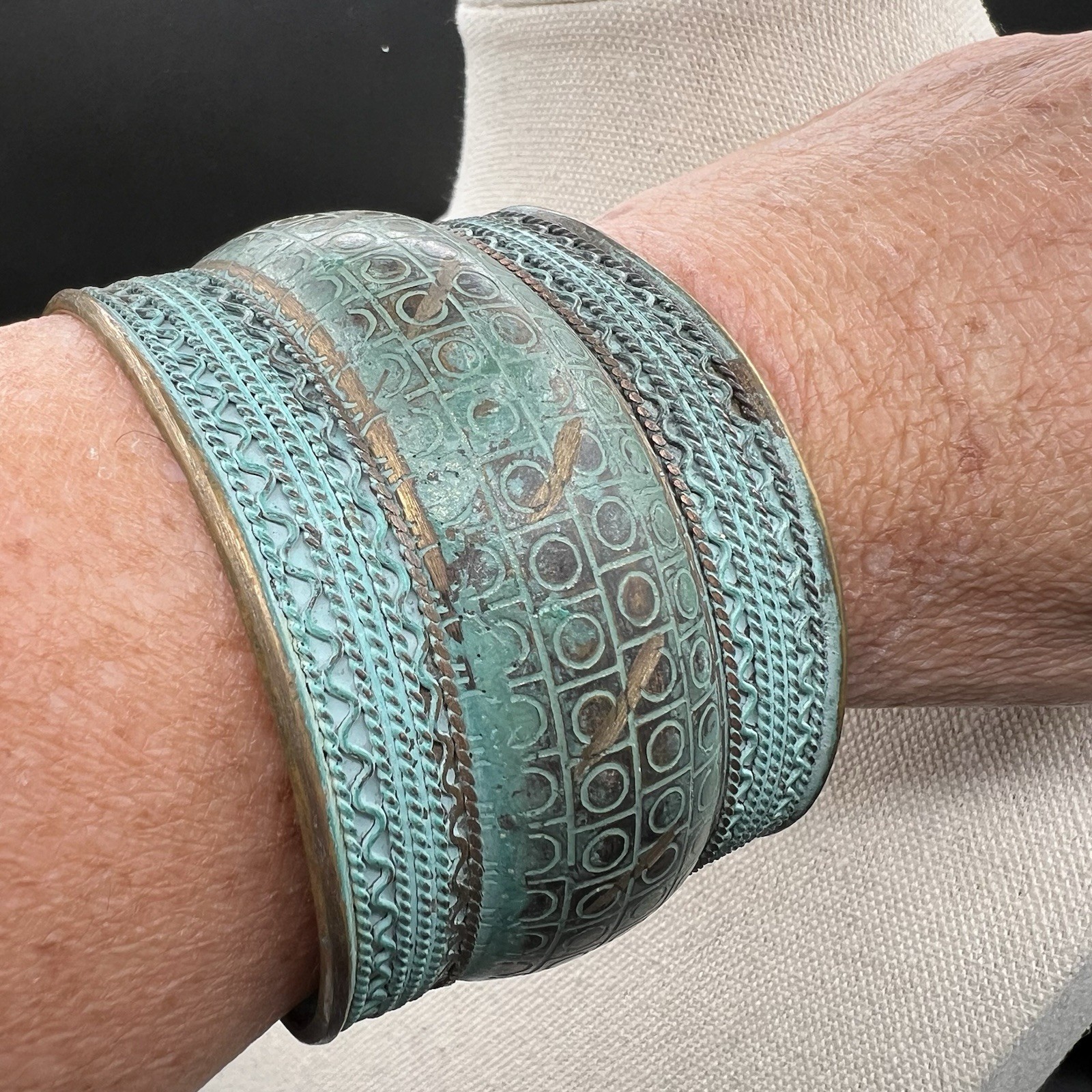 Wide Embossed CopperTone Cuff Bracelet Verdigris Patina Tribal Artisan Statement