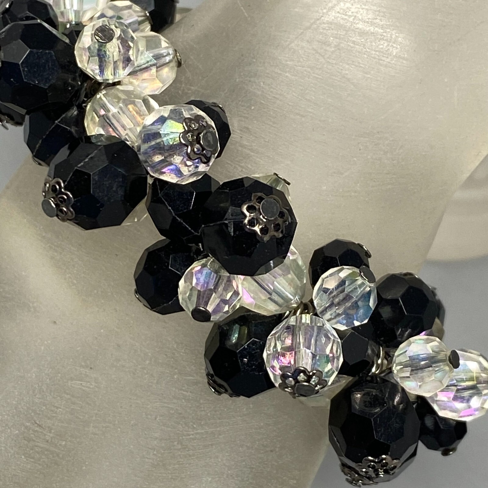 Bead Cluster Bracelet Black Clear Aurora Borealis Acrylic Faceted Stretch 7″