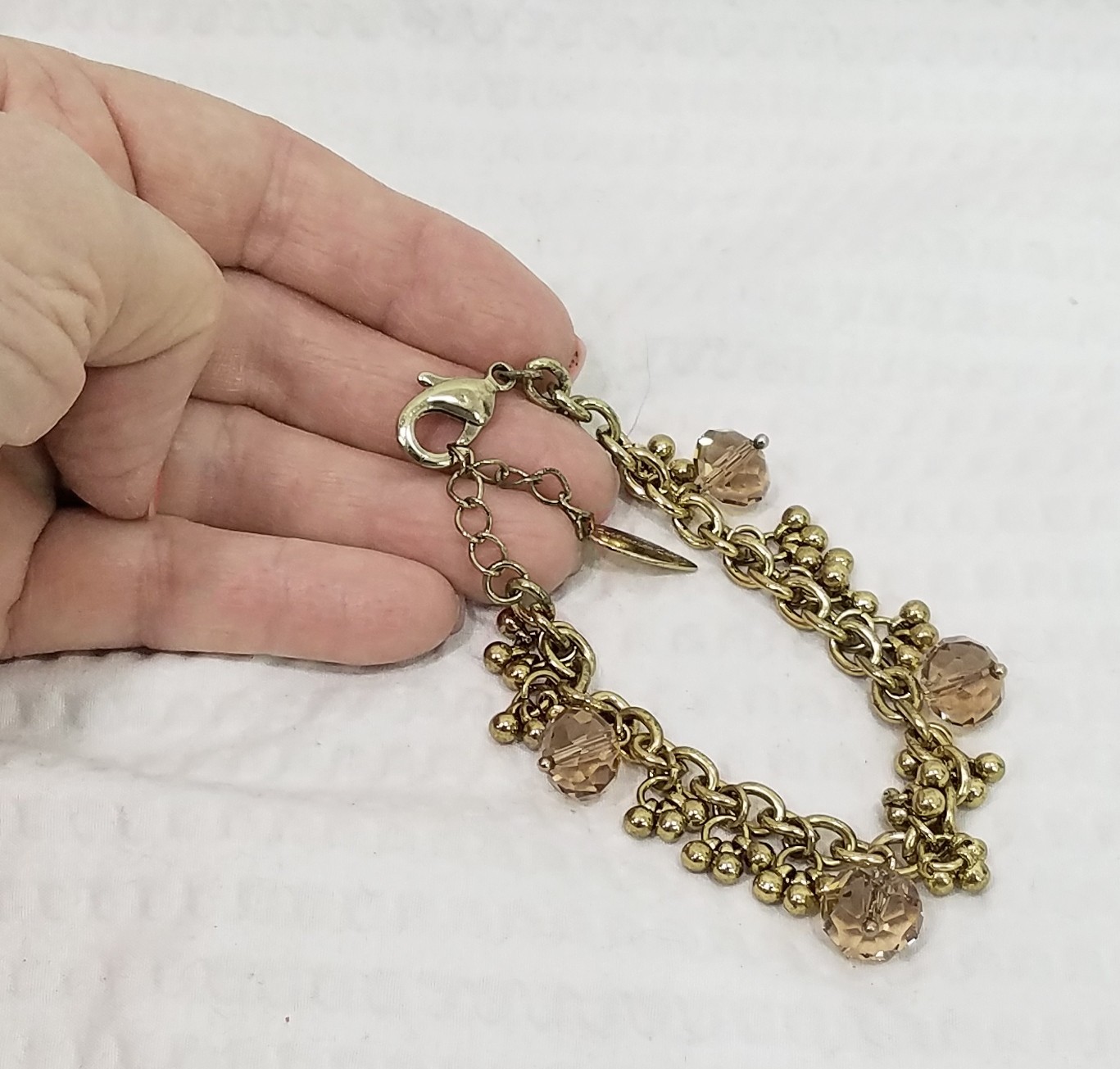 VTG Signed Coldwater Creek Taupe Crystal Bead And Gold Tone Charm Style Bracelet