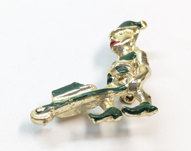 Vintage Gold Tone Leprechaun Elf Wheelbarrow Faux Pearls Green Enamel Pin 1.25″