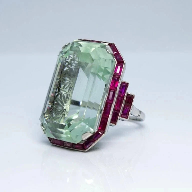 Vintage Art Deco Style 7CT Aquamarine & Ruby Halo Wedding Ring 14K White Gold FN