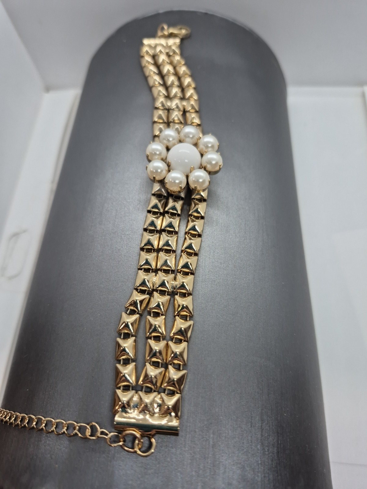 Vintage Gold-Tone Bracelet Triple-Row Studded Band & Floral Faux Pearl Cluster
