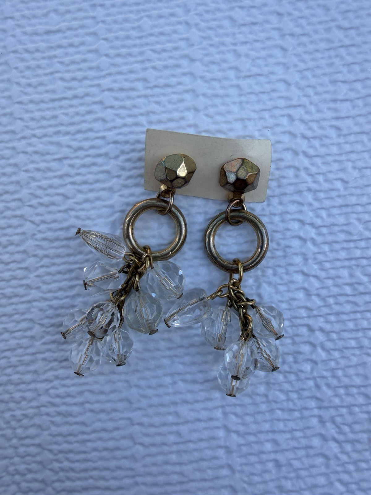 Vintage Gold Tone Bead Cluster Dangle Earrings Clear Faceted Statement Earrings