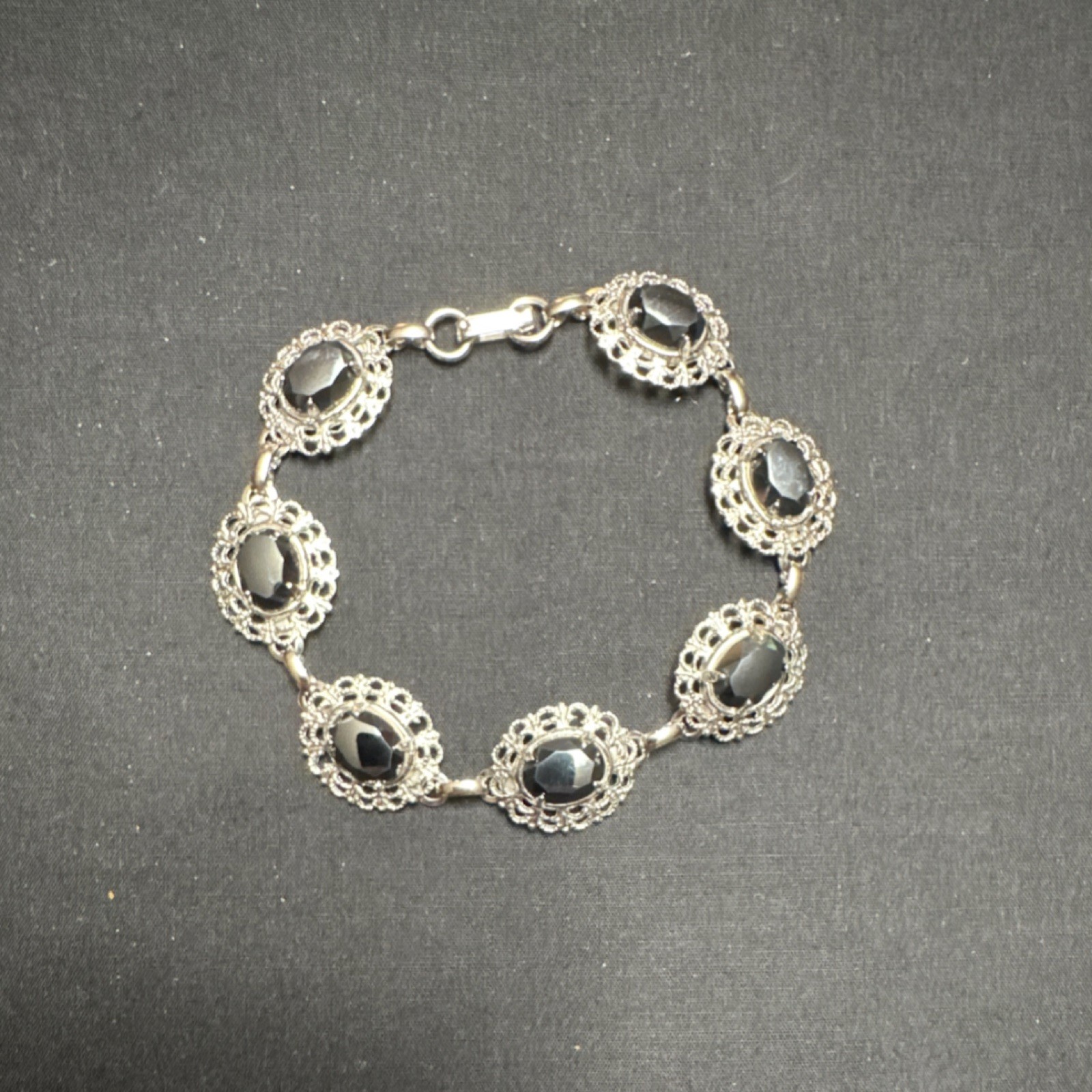 Vintage Silver Tone Oval Link Bracelet with Black Stones