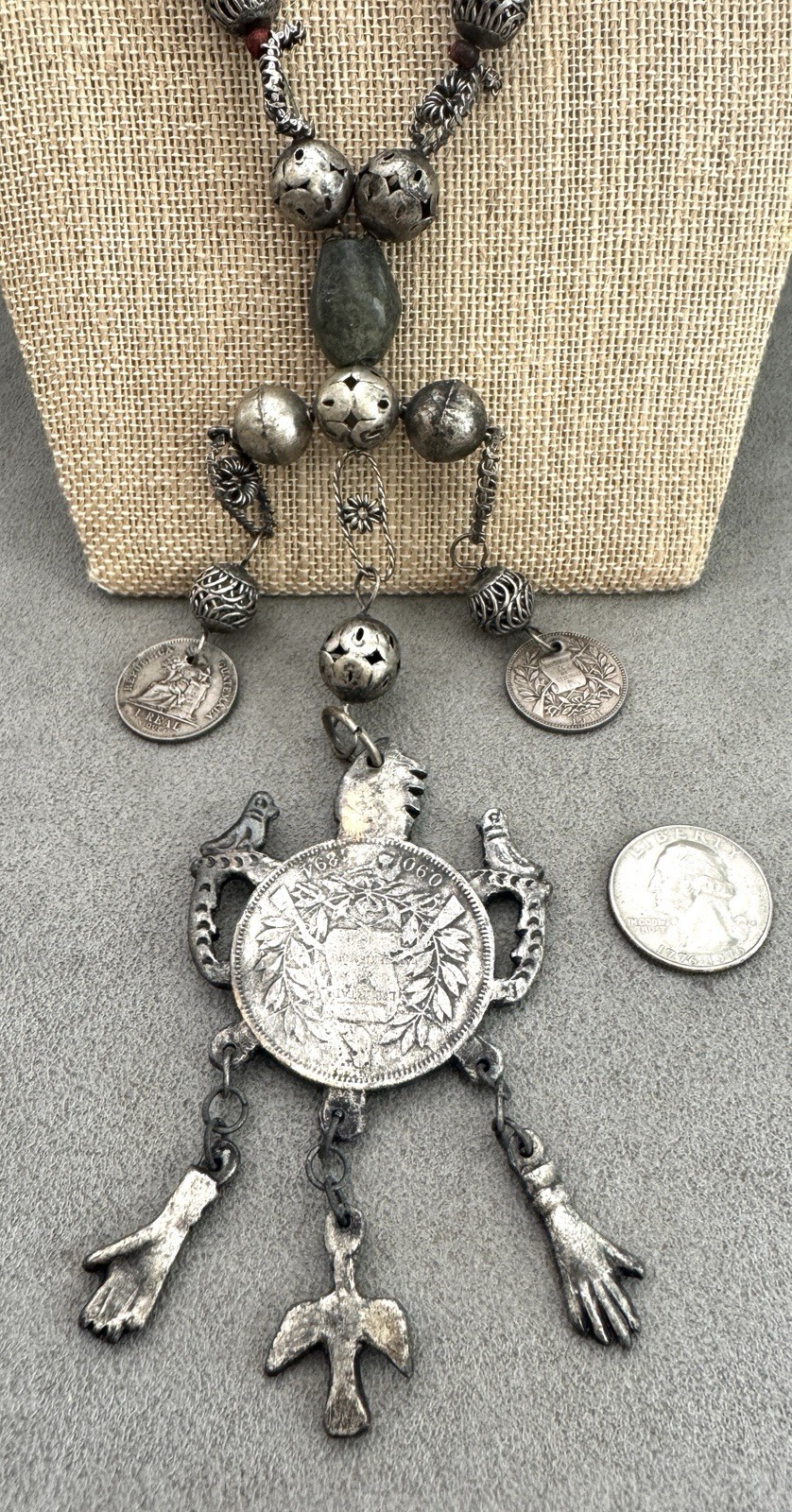 Vintage GUATEMALA 1894 Silver COIN NECKLACE Chachal MILAGROS Animal Charms Beads