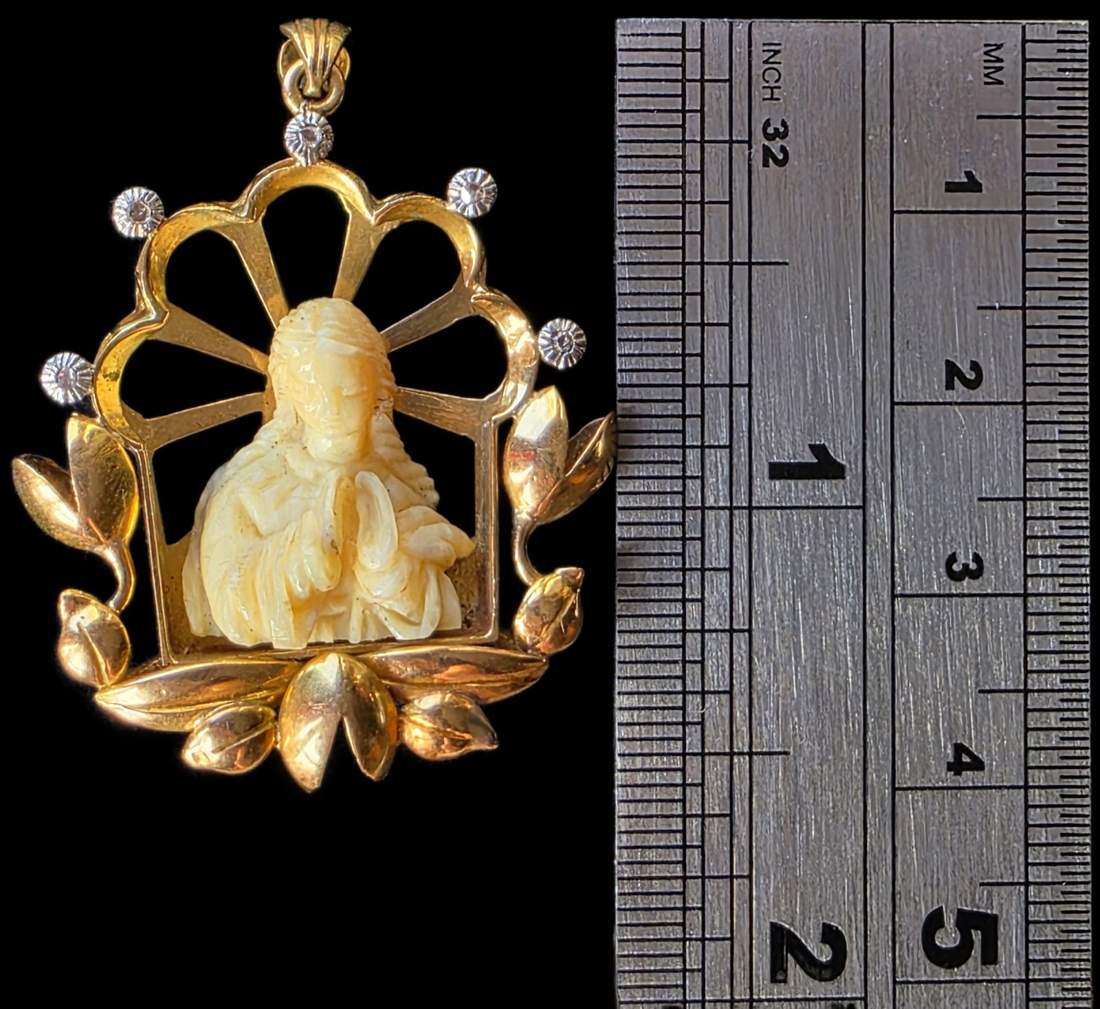Fine Antique 18K 18CT Art Deco Gold Religious European Virgen Mary Pendant