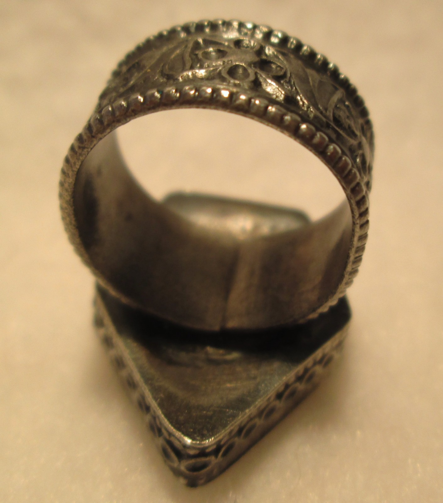 Unusual Middle Eastern Detailed Silver Lozenge Relief Ring