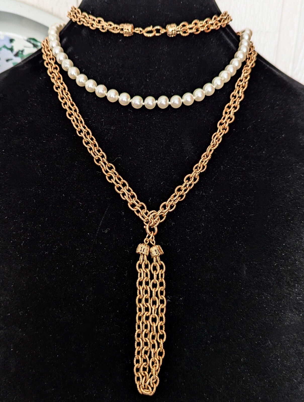 Tassel Fringe Long Necklace Faux Pearl Choker Layered Vintage Jewelry 36”
