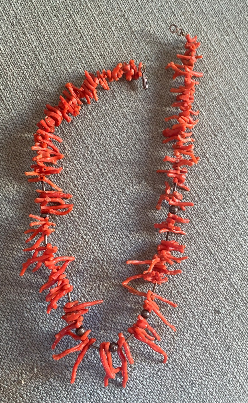 Vintage 1970’s Natural Branch Red Coral Necklace w Silver? Metal Beads 18″