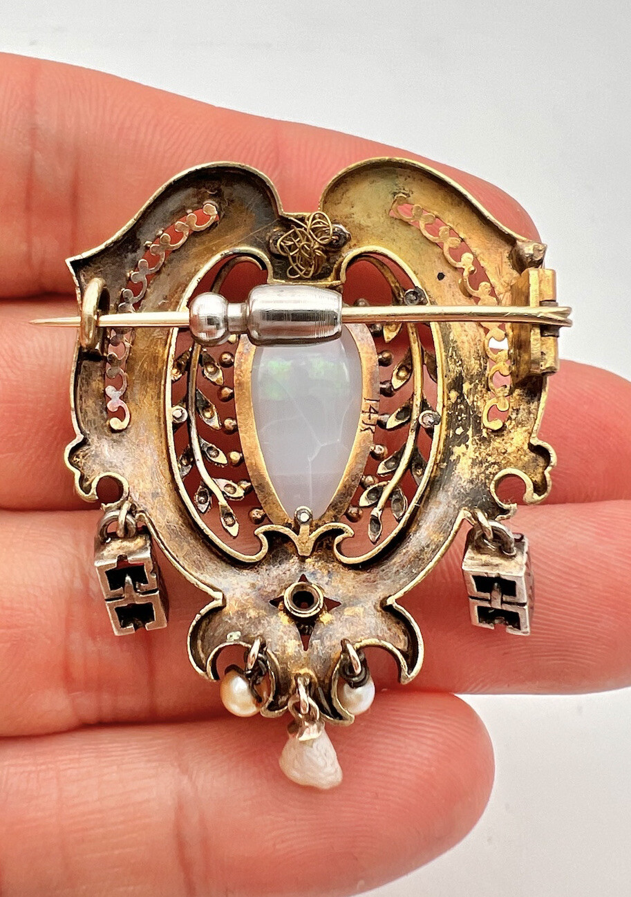 Victorian 14k Yellow Gold Rose of Sharon Opal & Ruby Emerald & Seed Pearl Brooch