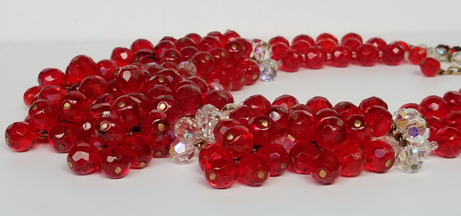 Vintage Signed France AB Bead & Red Glass Cluster Bead Necklace