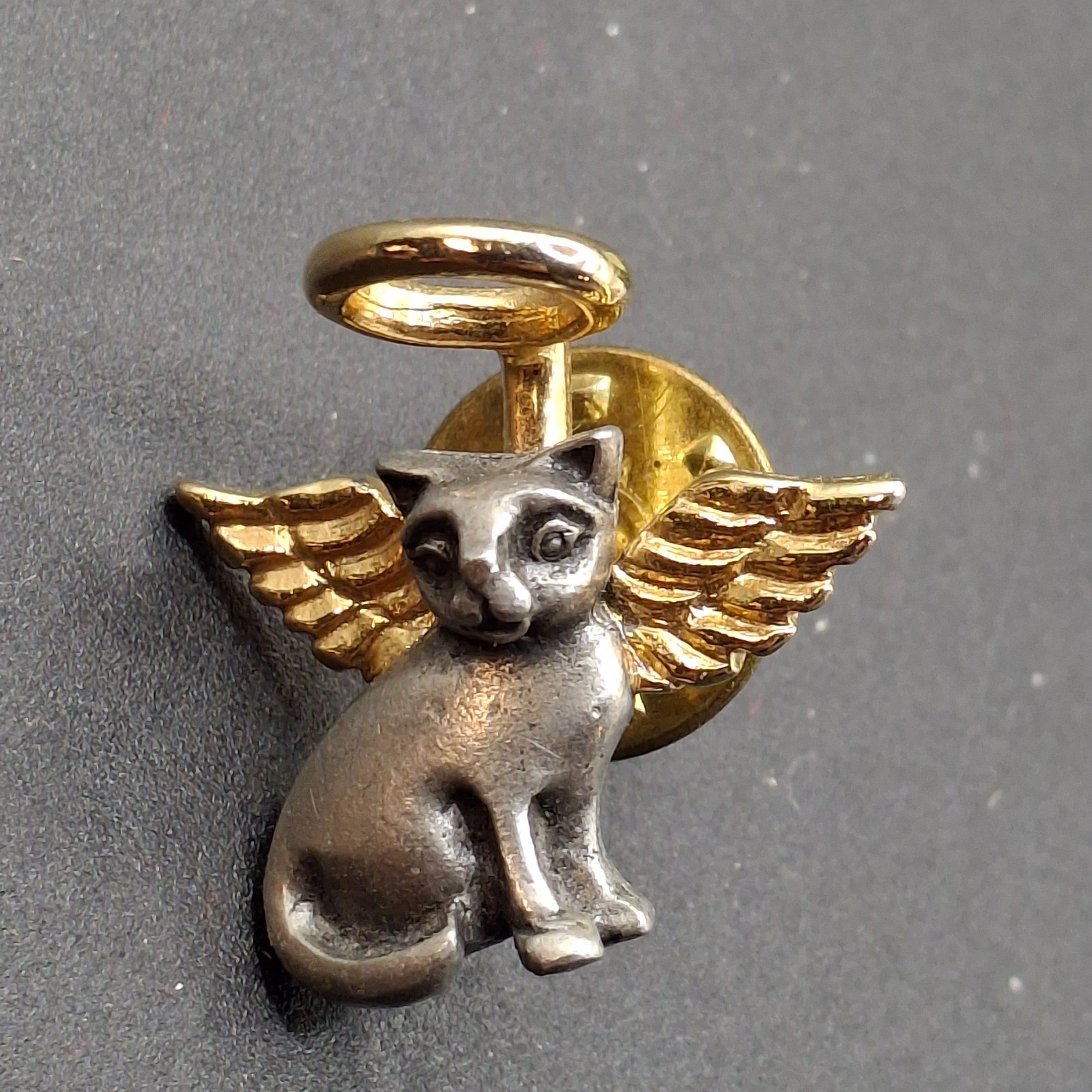 Vintage Guardian Angel Cat Pin Gold Wings Halo Pet Memorial Lapel Brooch