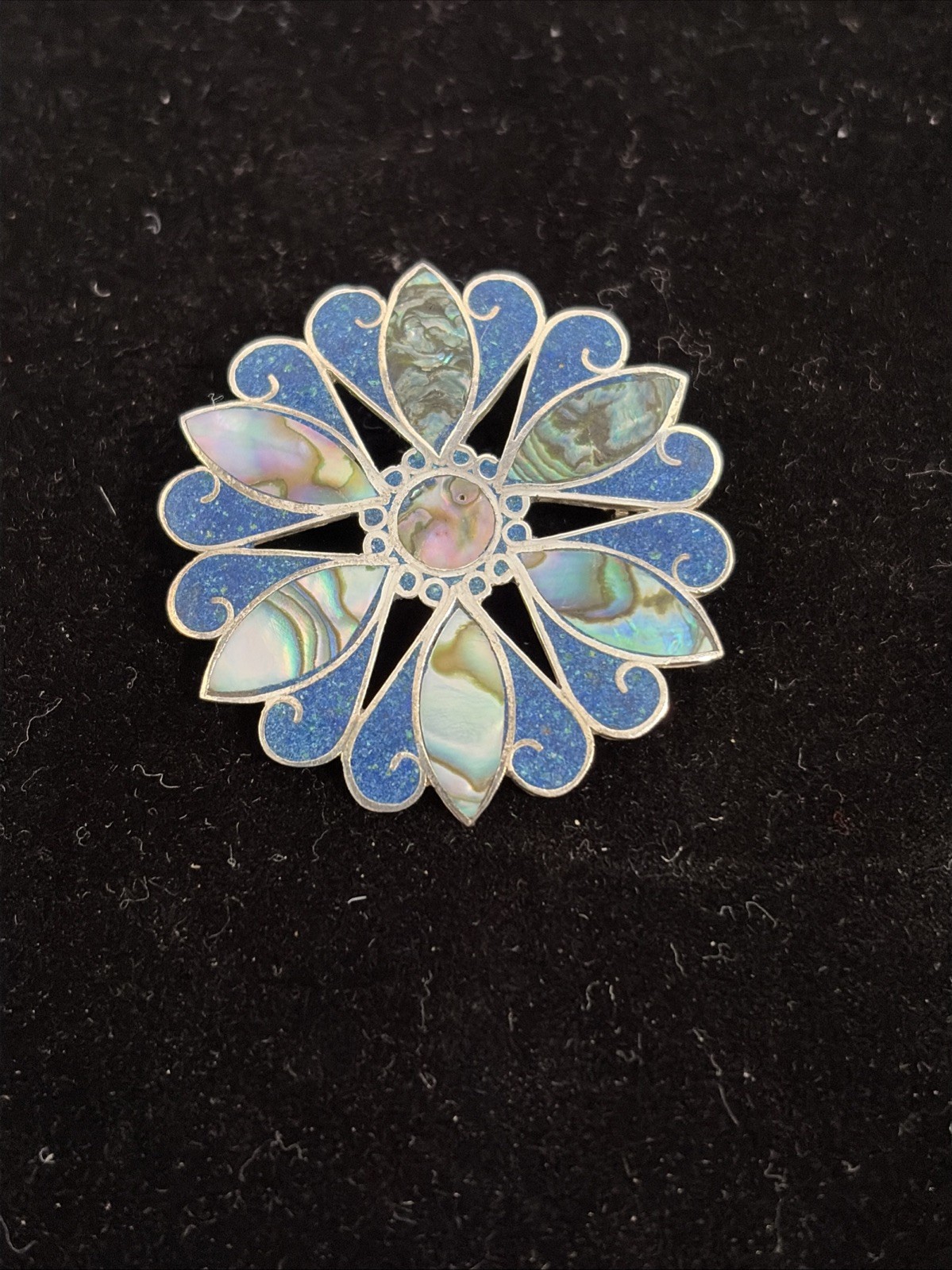 Vintage TAXCO Sterling Silver Lapis & Abalone Inlay Flower Brooch / Pendant