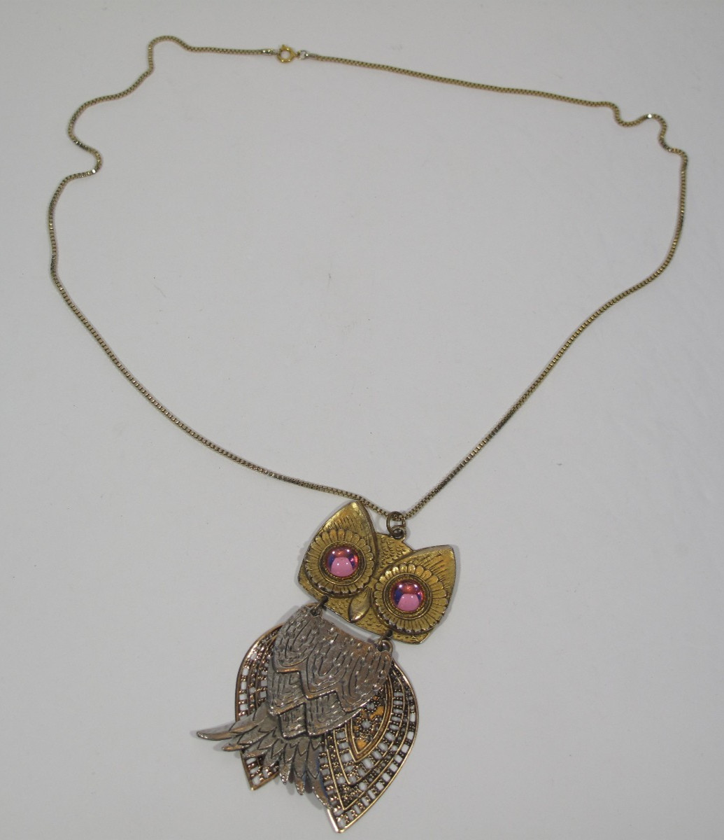 Lot of 2 VTG Owl Necklace Gold~Silver Tone~Pink~Amber Eyes~24″-30″ Chain-64-108g
