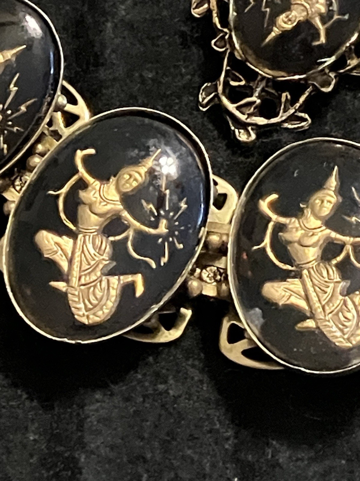 Vintage Siam/Thailand Golden Goddess Black Lucite Link Bracelet & Earrings
