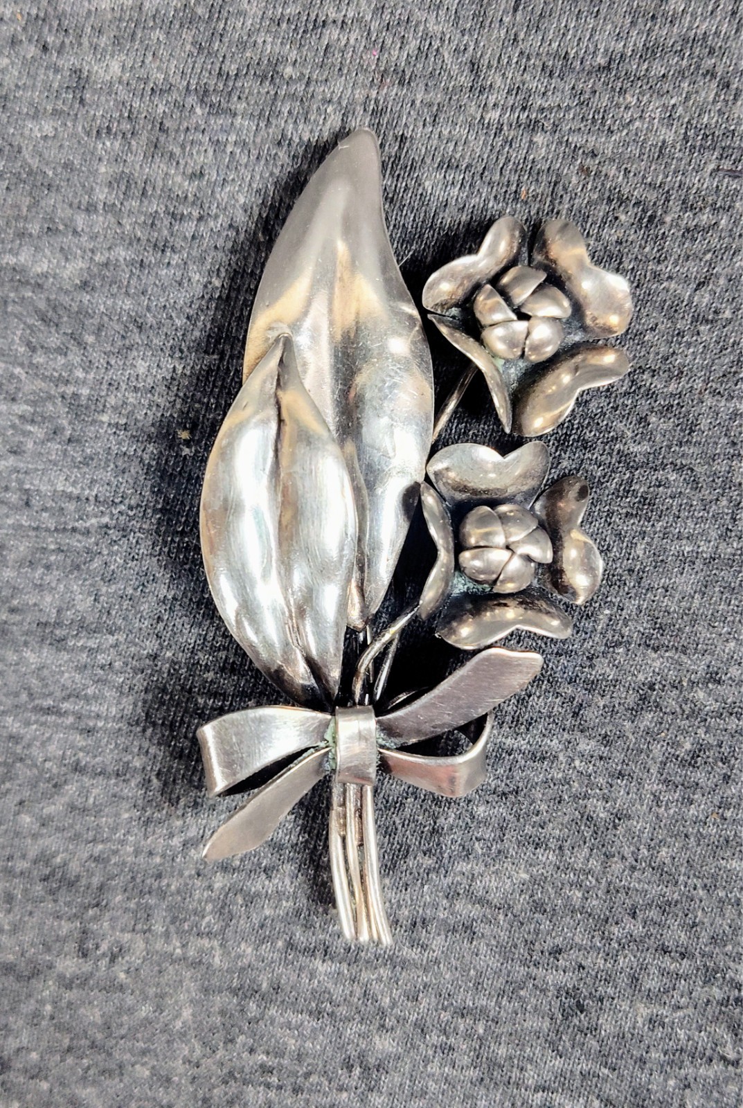 Vintage Mid Century Sterling Silver Handmade Floral Bow Bouquet Brooch Pin