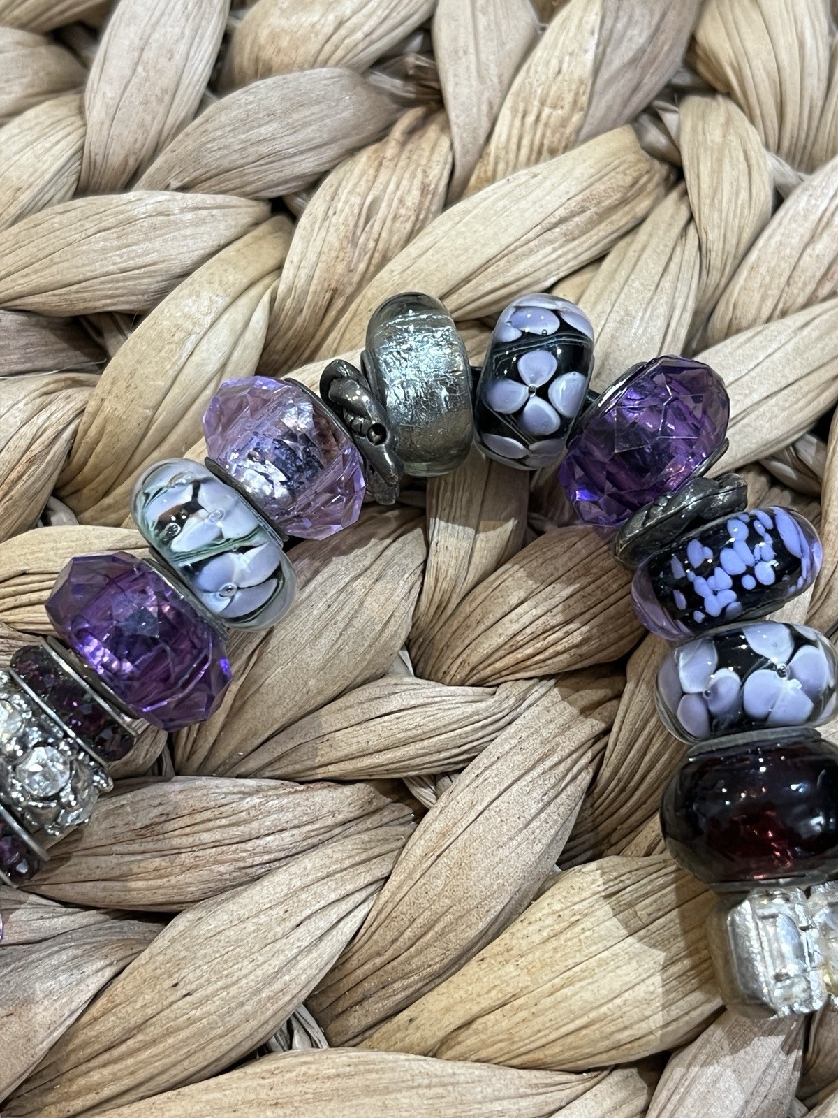 VTG Lampwork Art Glass Faceted Crystal Beaded Purple Beads Rare Artisan Foil