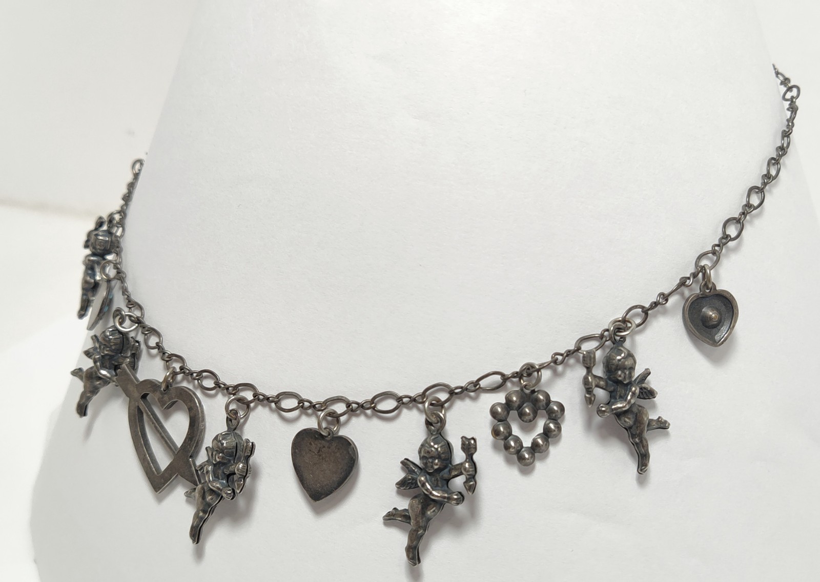 Lovely Vtg signed TOP SHELF JEWELRY AB Rhinestone Angel Design Silver Necklace