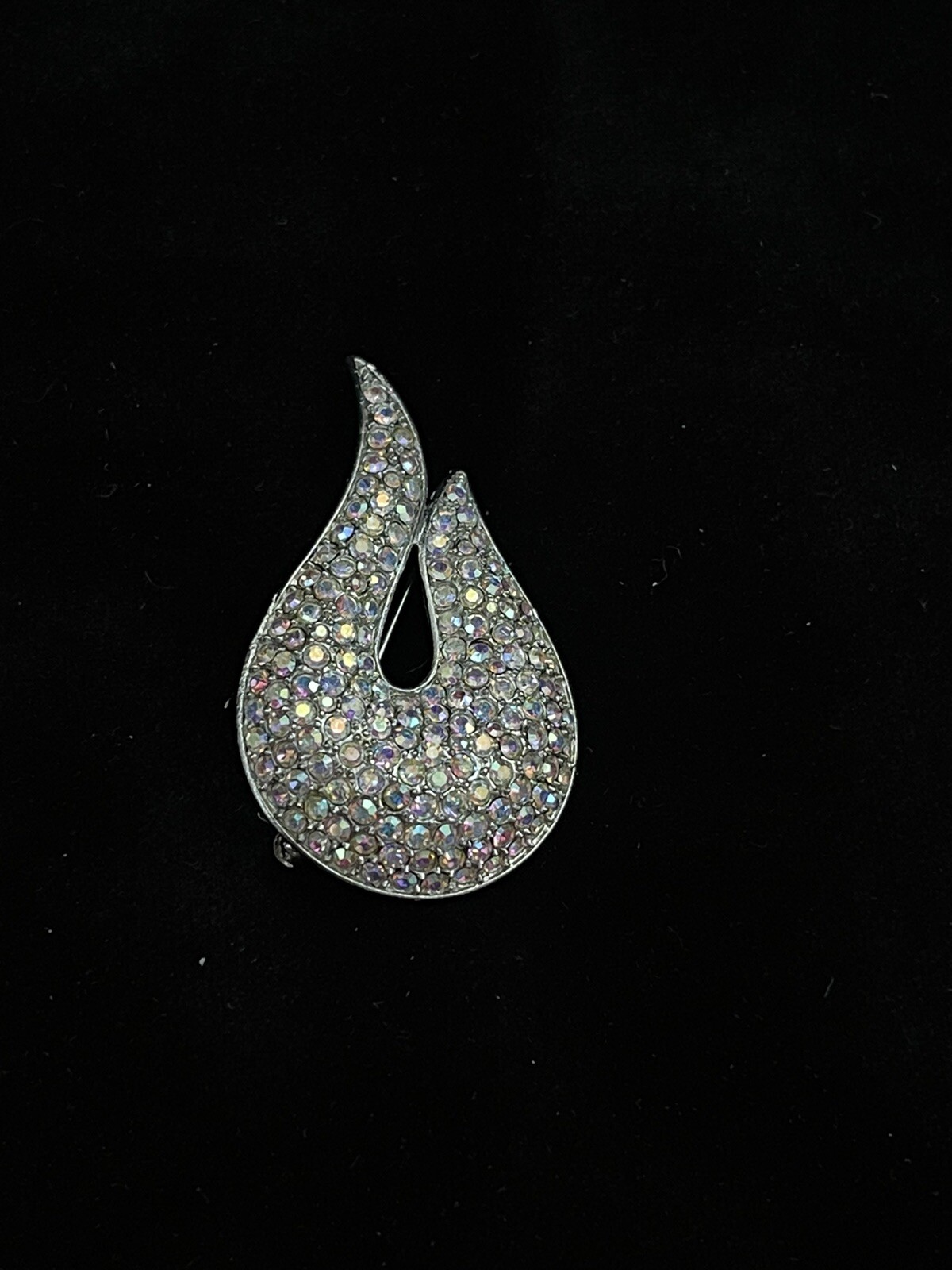 Vintage Leaf Brooch Wave Crystal Stones Silver Tone Metal