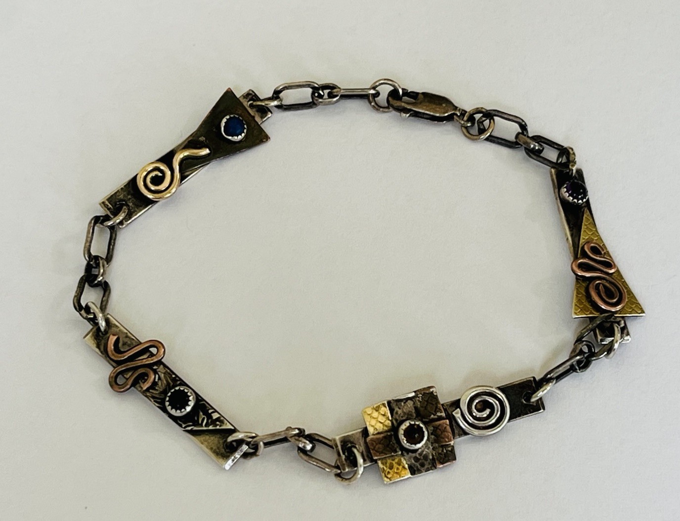 Vintage Signed MA Modernist Mixed Metal Sterling Silver Stone Link Bracelet