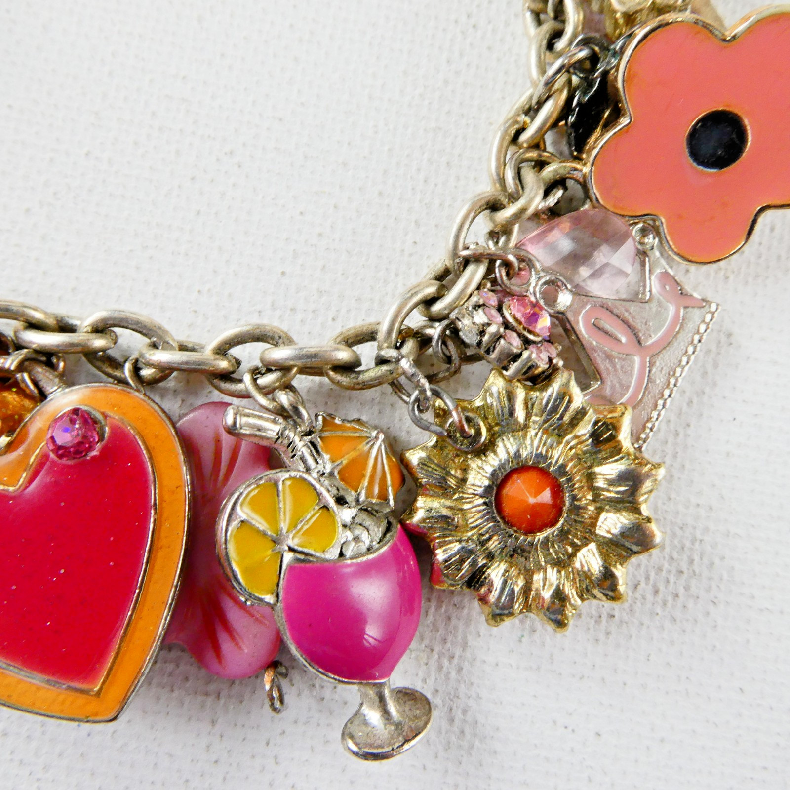 Vintage PINK Flower Charm Bracelet Floral Hearts Enamel Rhinestones Toggle Clasp