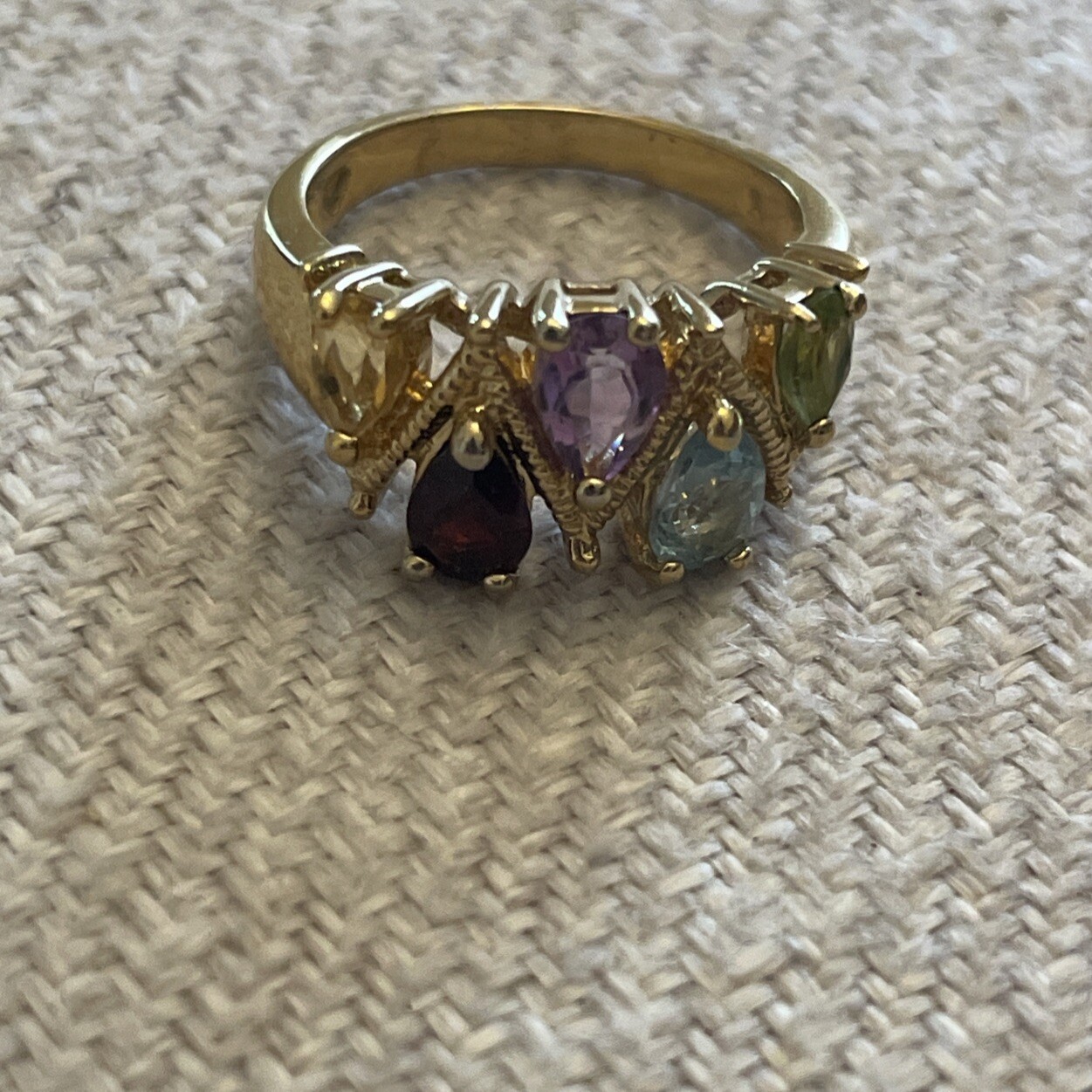 Vintage HSN Gold-Tone Ring 6 Multicolor Pear Cut Zig Zag CZ Stones Cluster