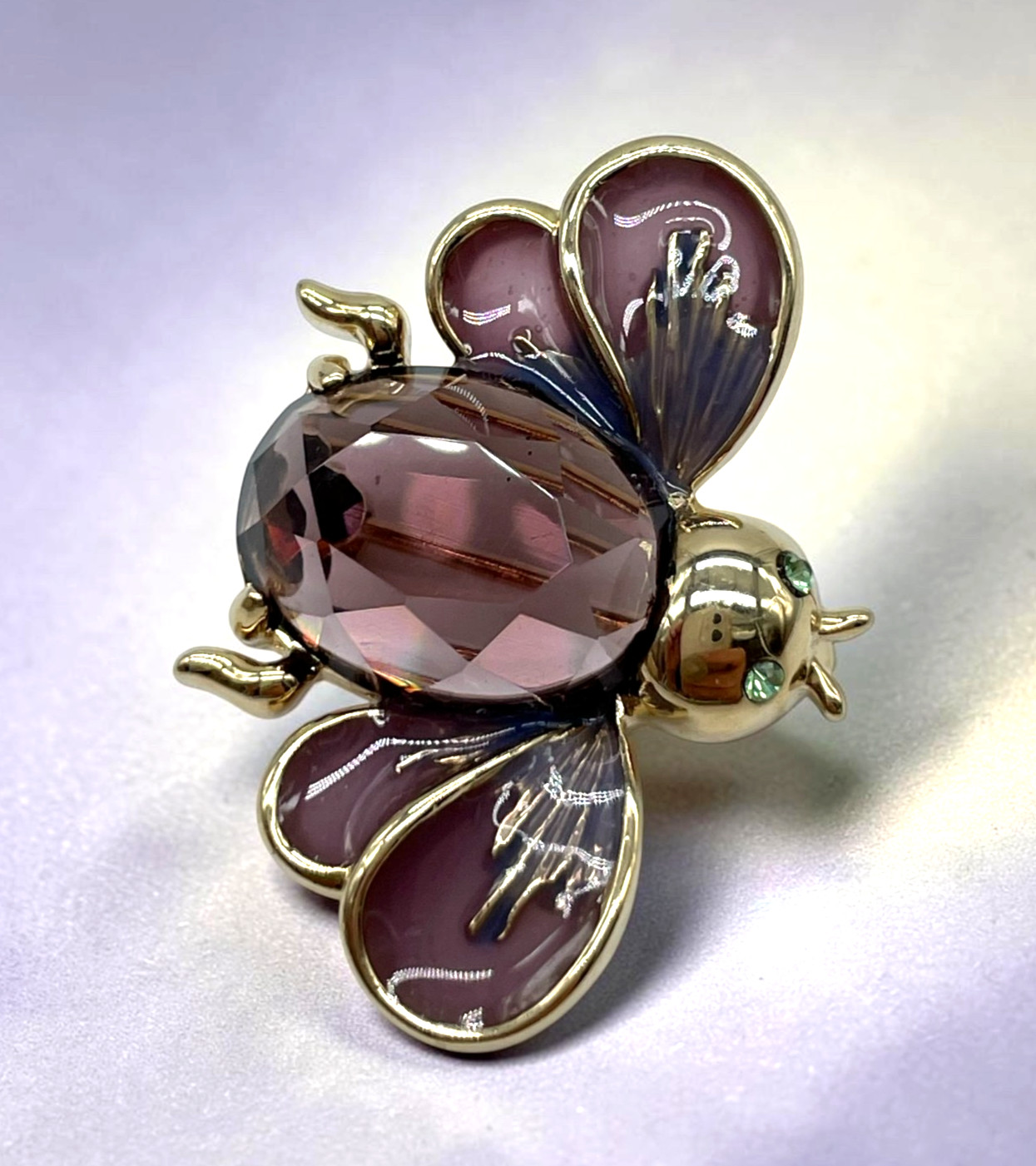 VTG Cute Little Purple Faceted Glass Green Rhinestone Enamel Bug Bee