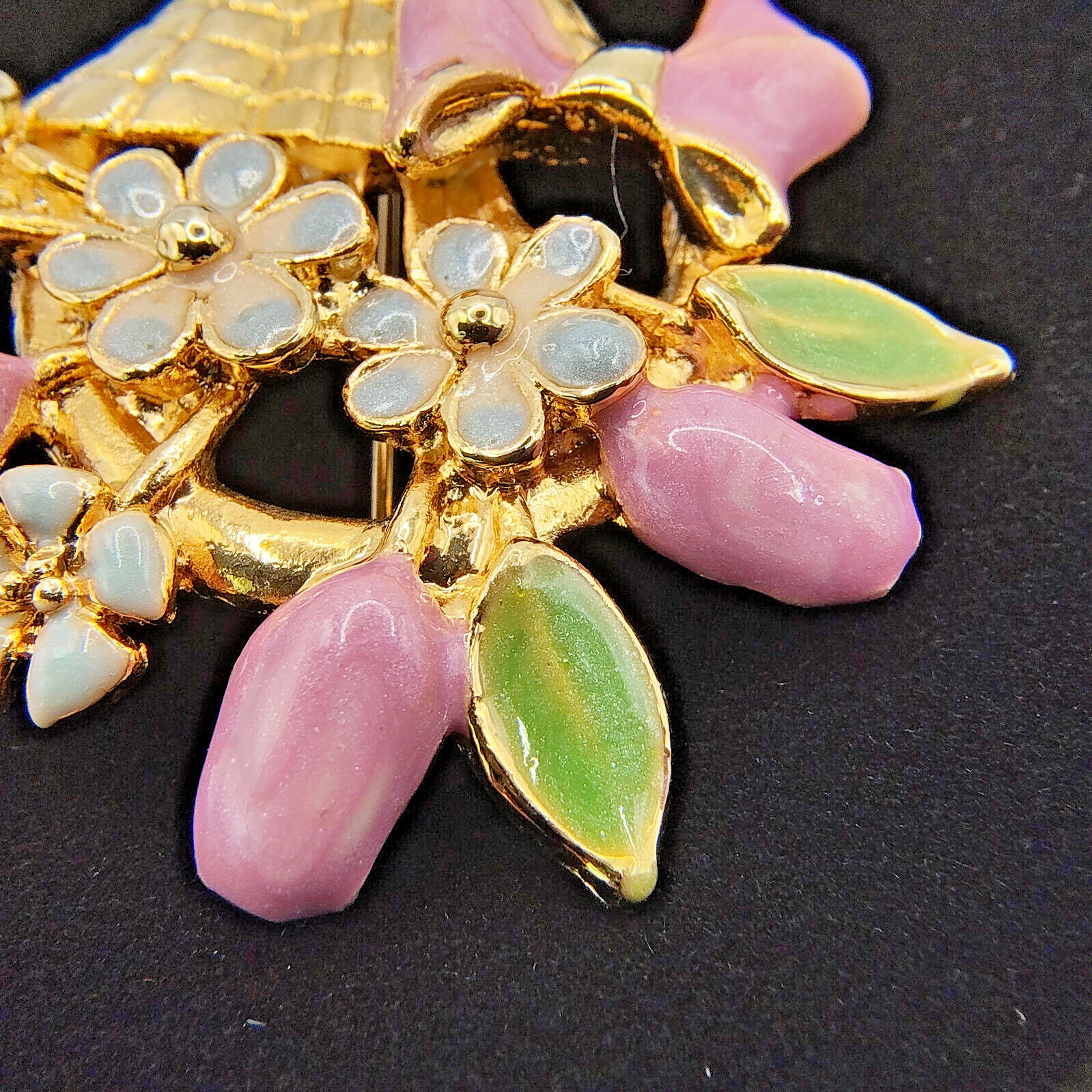 Vintage Flower Basket Brooch Pin Colorful Enamel Gold Tone Cottagecore