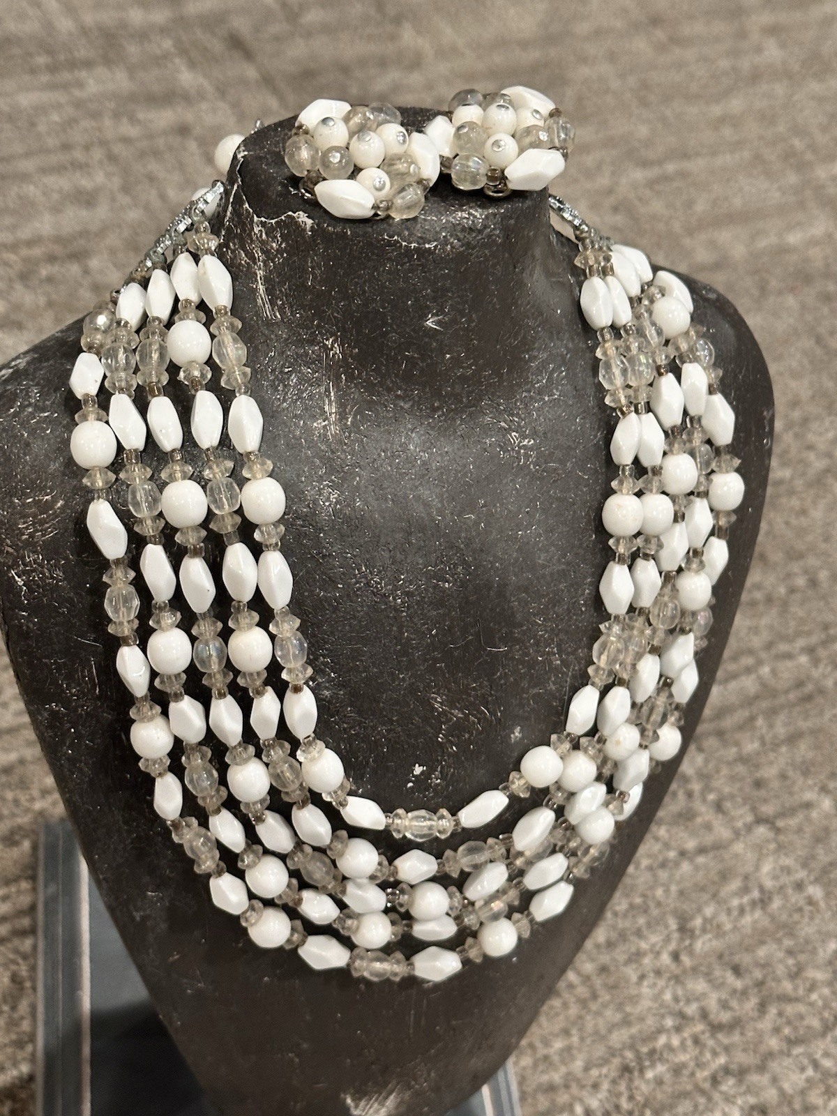 WEST GERMAN JAPAN WHITE BLACK GLASS LUCITE BEAD NECKLACE CLIP ON EARRING SET LOT