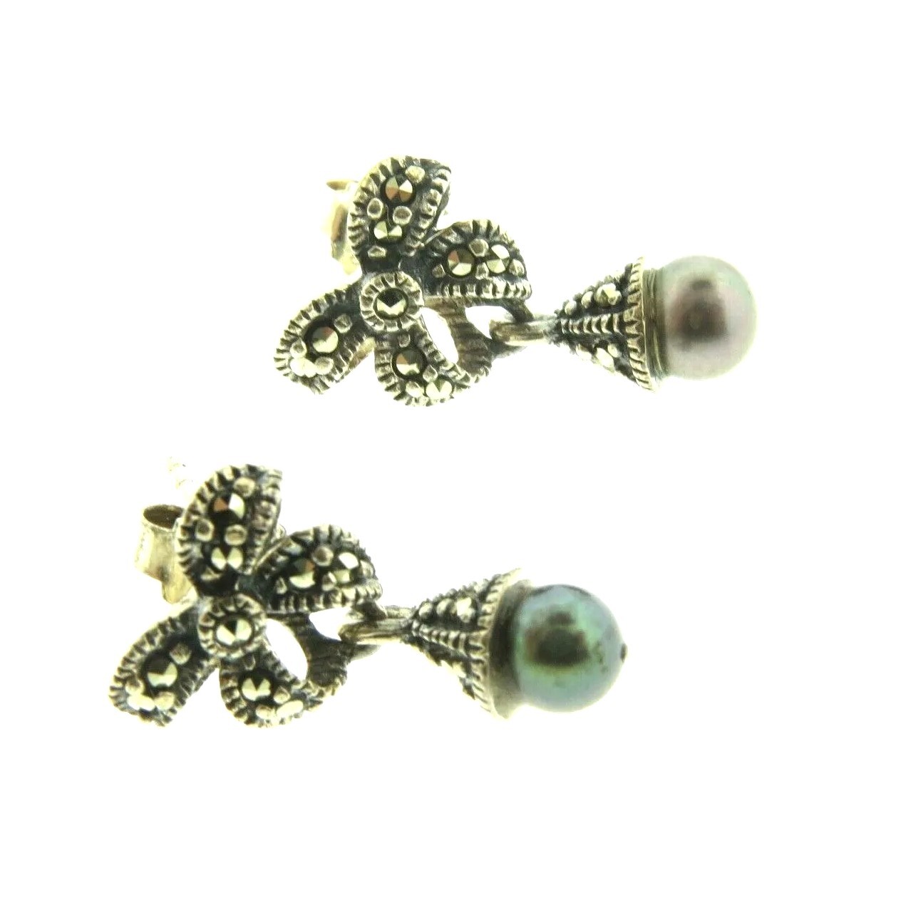Vintage Sterling Silver Pearl & Marcasite Dangle Earrings .75″