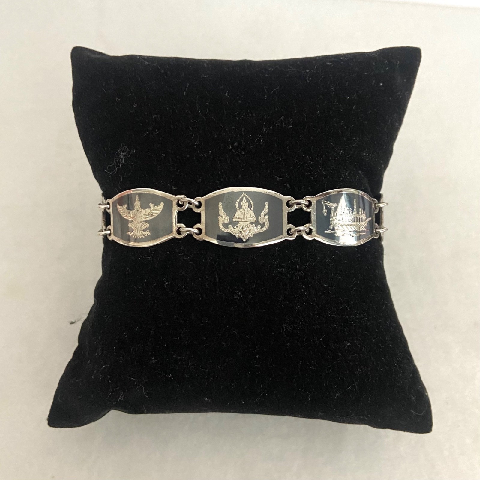 Signed SIAM Thai Sterling Silver 925 Black Niello Garuda Panel Bracelet 6.75″