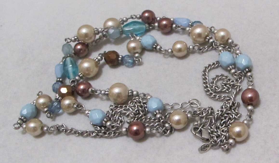 Vtg PREMIER DESIGNS 3-Strand White & Brown Faux Pearls Aqua Beads Necklace
