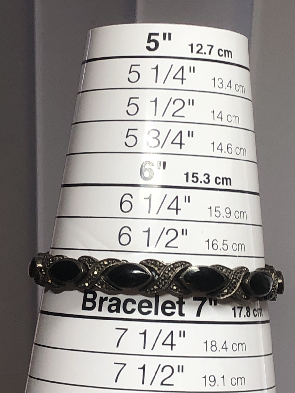 19. Art Deco Sterling 925 Black Onyx Marcasite Tennis X bracelet 19.9g, 6 3/4″