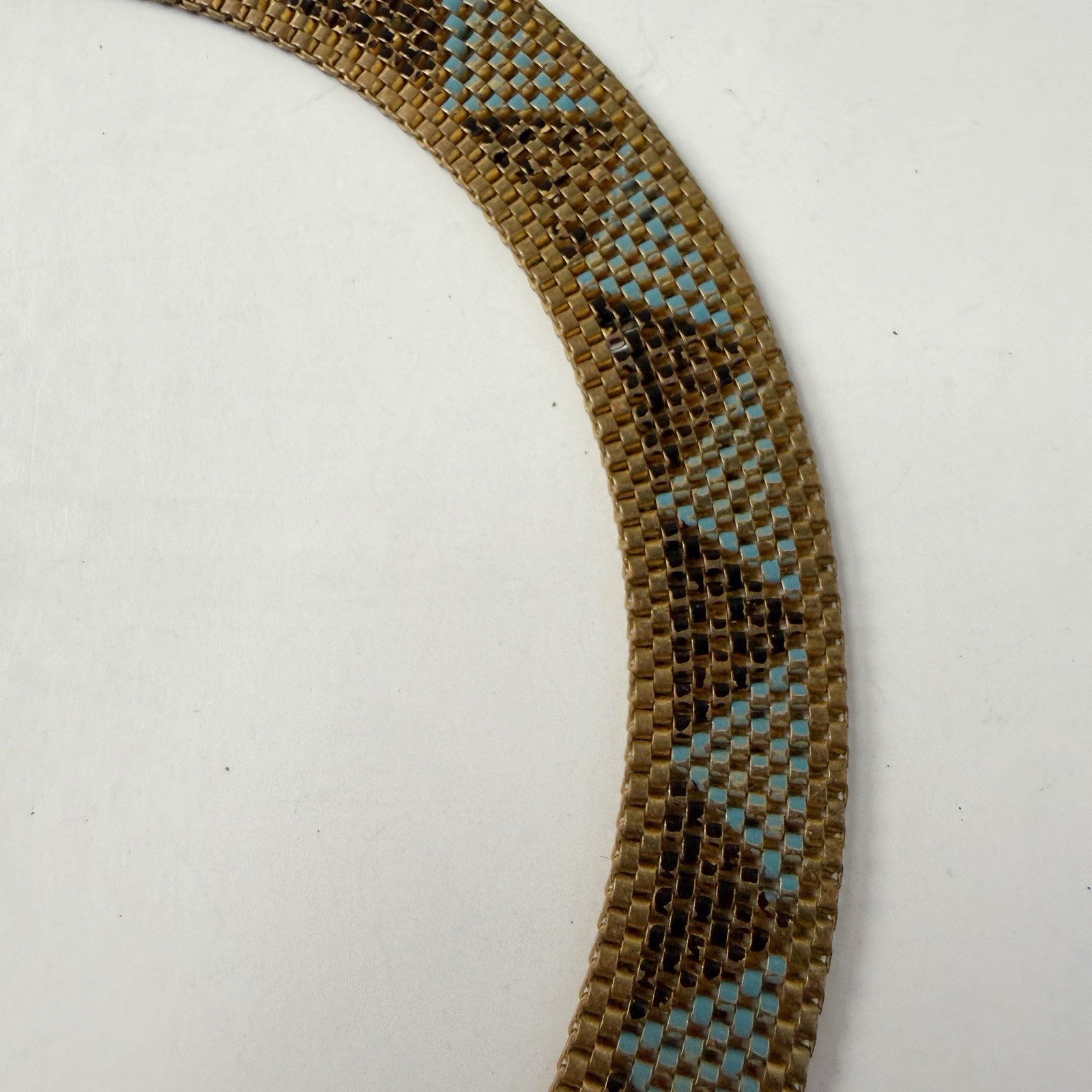 Antique Art Deco Egyptian Revival Enamel Geometric Mesh Collar Necklace 16”