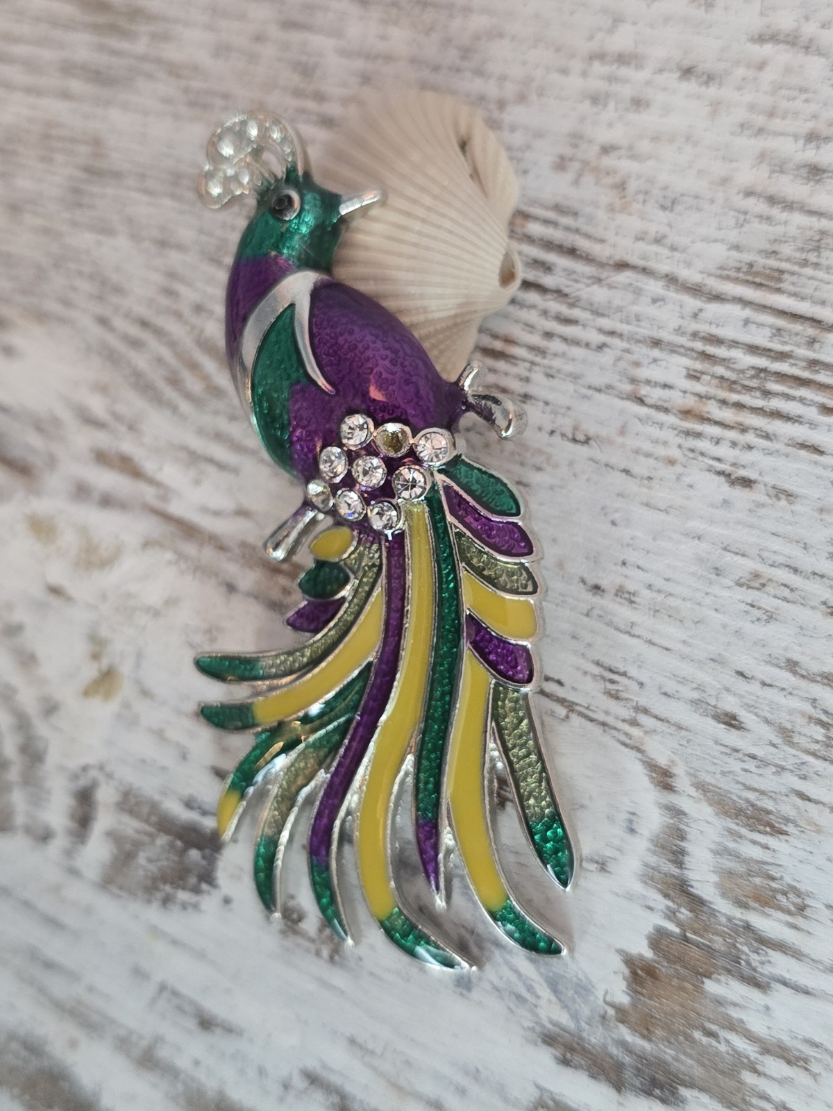 Peacock Bird Animal Brooch Purple Green Yellow Enamel Rhinestone Pin READ #194