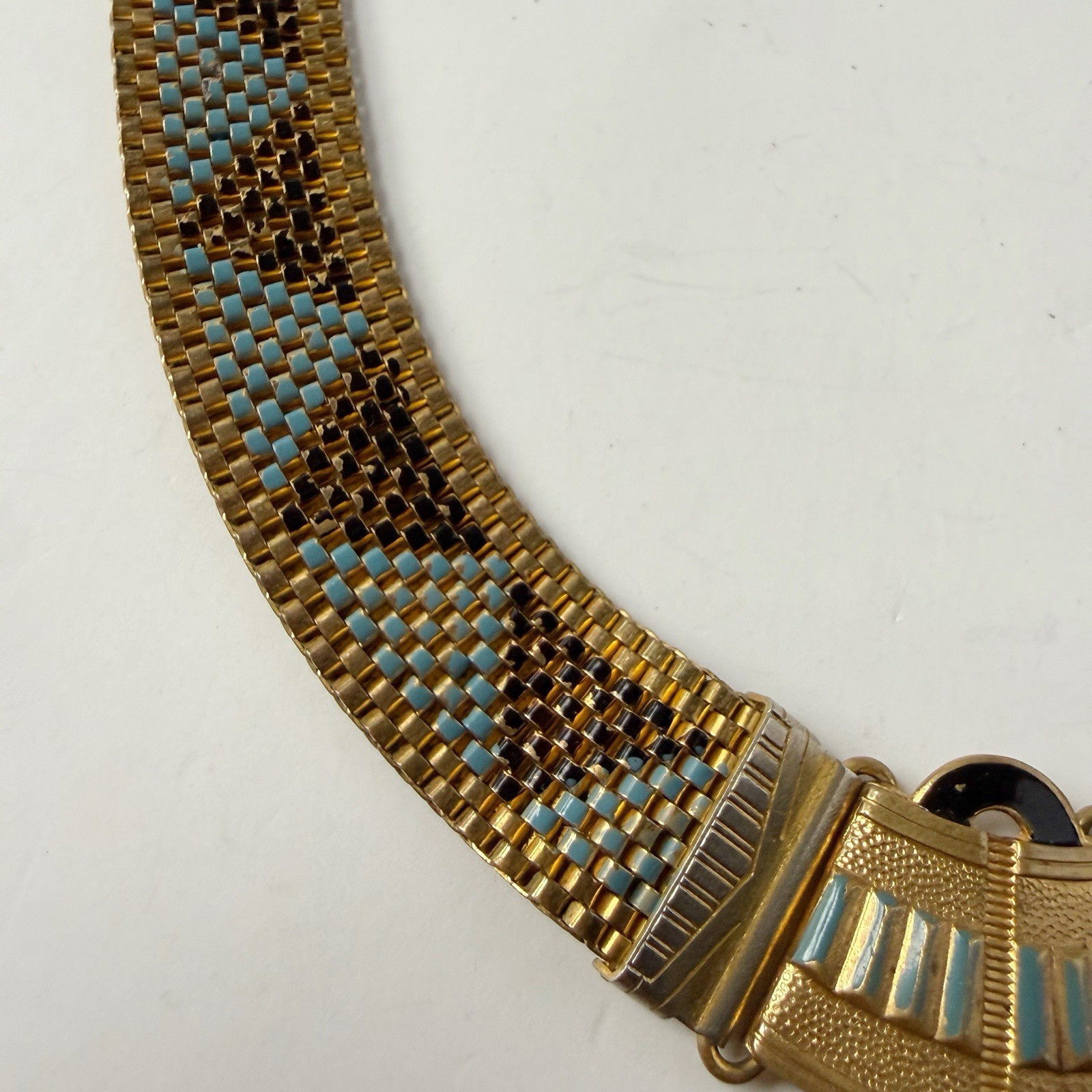Antique Art Deco Egyptian Revival Enamel Geometric Mesh Collar Necklace 16”