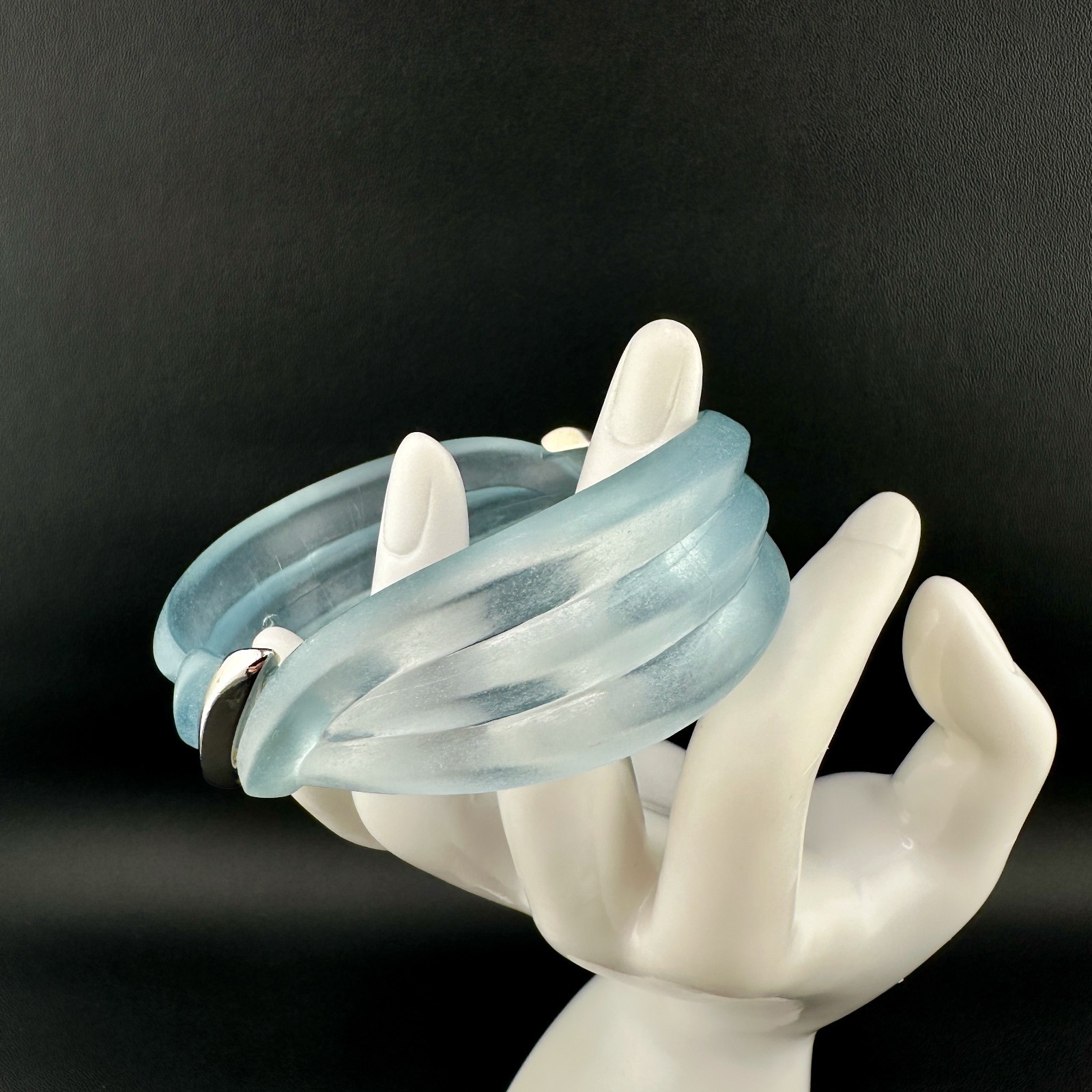 Vintage Lucite Bangle Bracelet Frosted Baby Blue Ribbed Dimensional Wave Signed